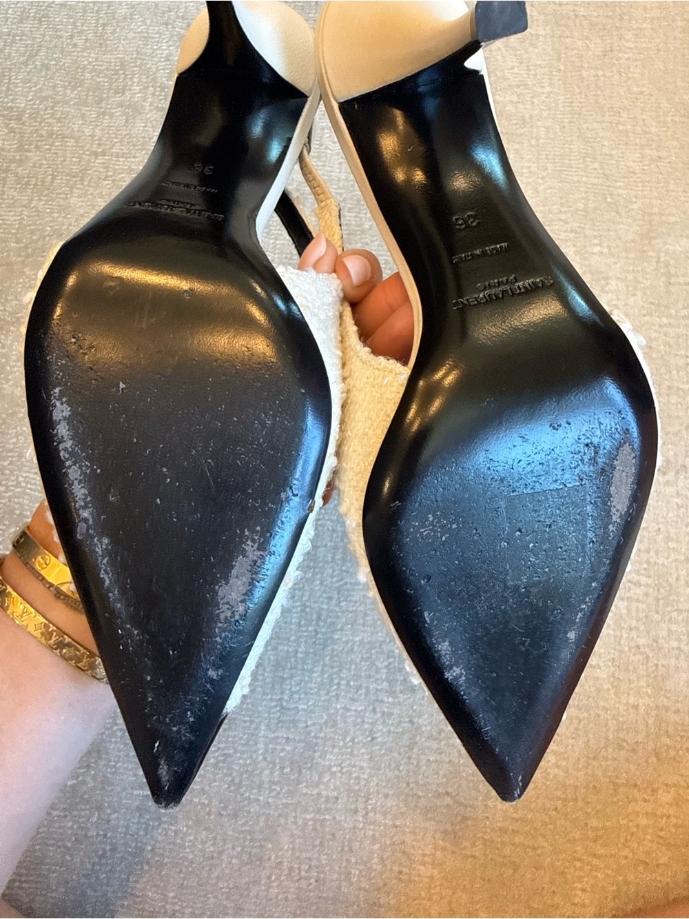 Saint Laurent Cream Tweed Slingback Pumps with Black Patent Pointed Toe - Picture 4 of 5